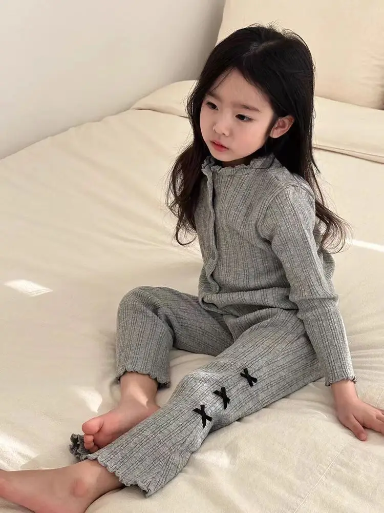 Spring New Children Long Sleeve Bow Ribbed Set Baby Girl Solid Cardigan + Flared Pants 2pcs Suit Cotton Kids Soft Casual Outfits