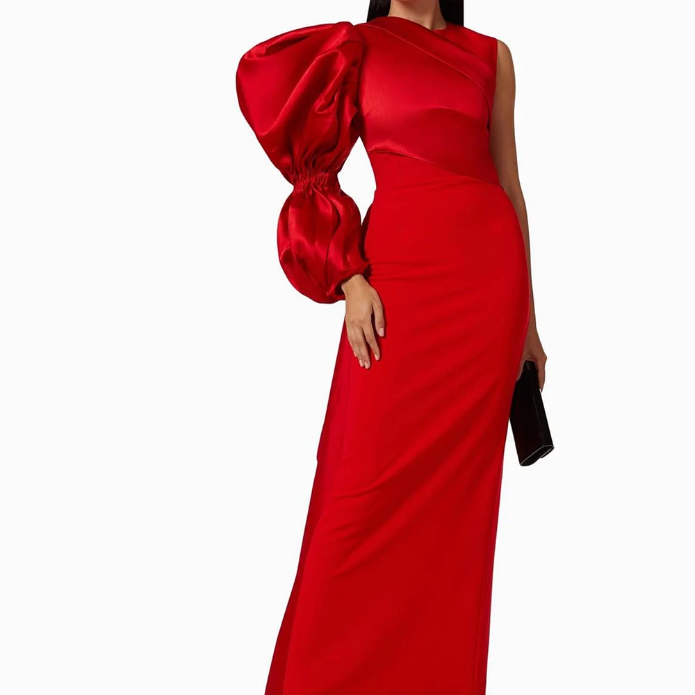 Red Floor Length Pleats Long Sleeves Satin Straight Saudi Evening Gowns Pleats Fashion Dresses For Formal Occasions Modern Women