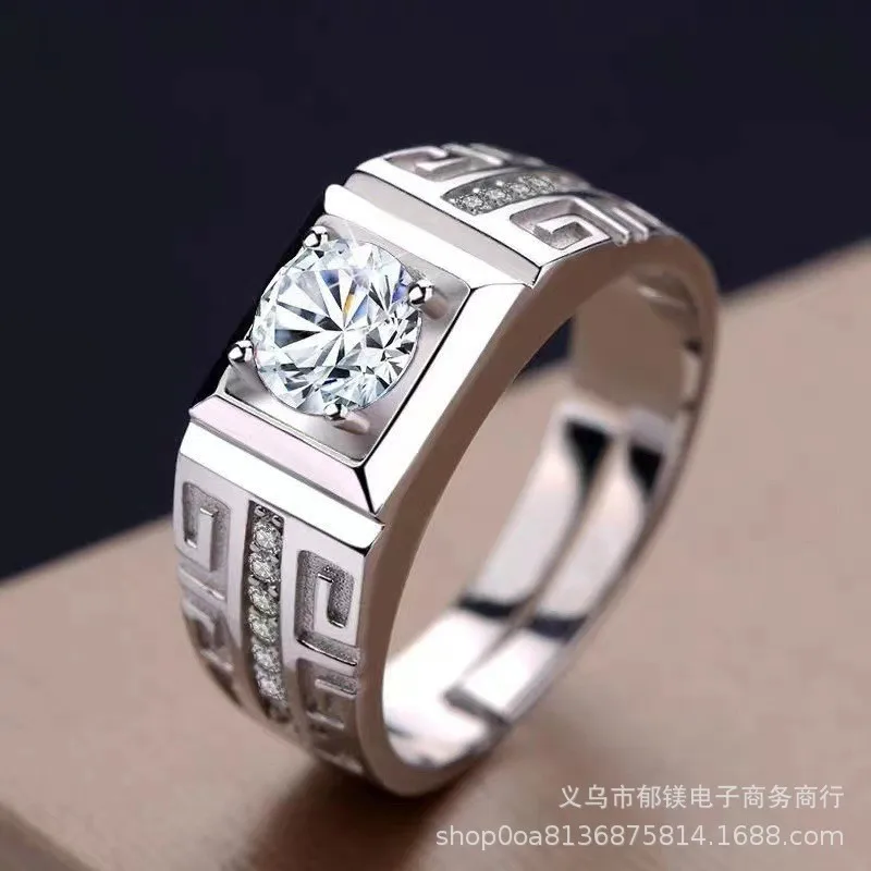 Electroplated 18K white gold tone unisex adjustable ring featuring geometric hexagon octagon silhouette with six claw set simula