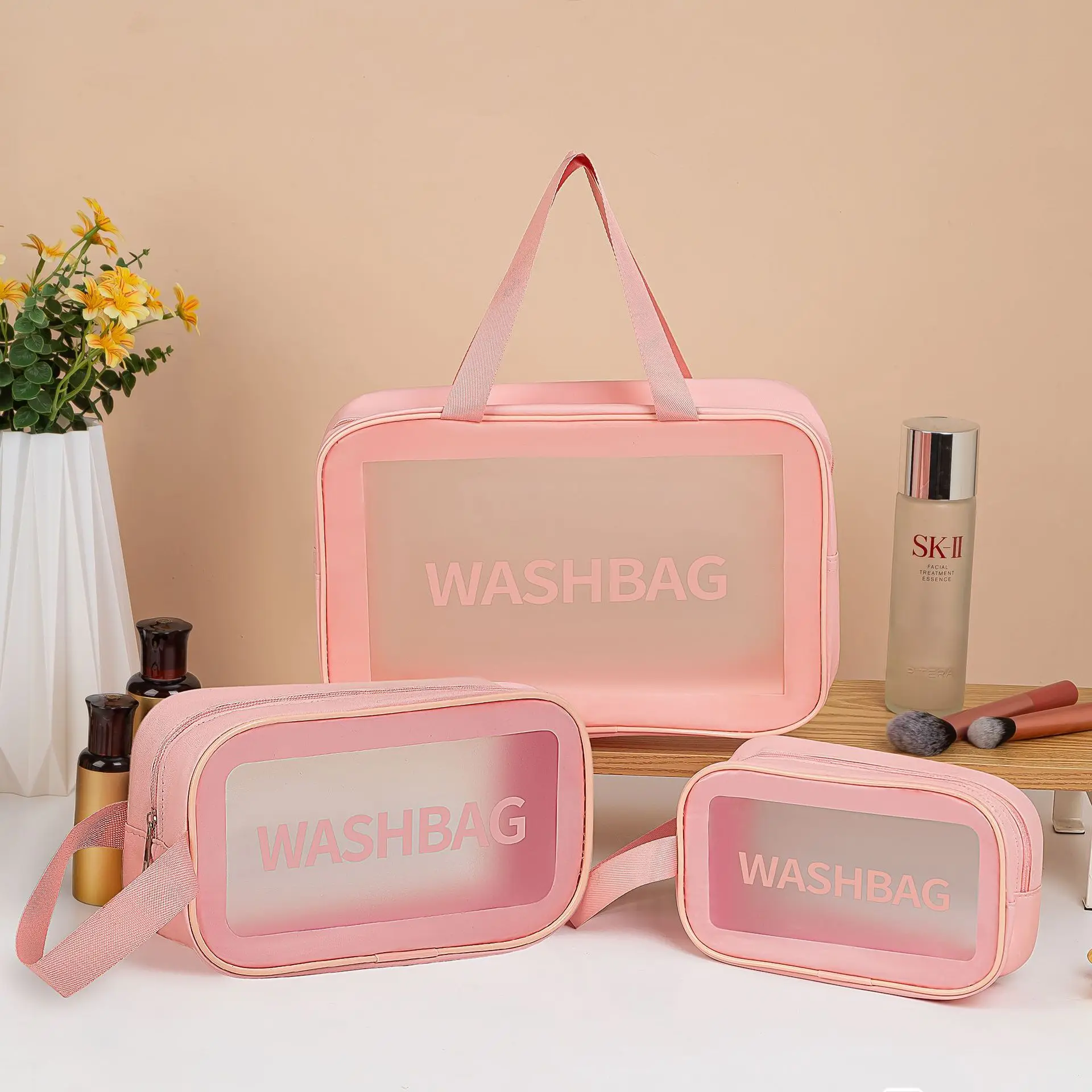 Homefish Frosted Semi-Transparent PVC Makeup Toiletry Bag Large Capacity Portable Waterproof Travel Cosmetic Storage Organizer