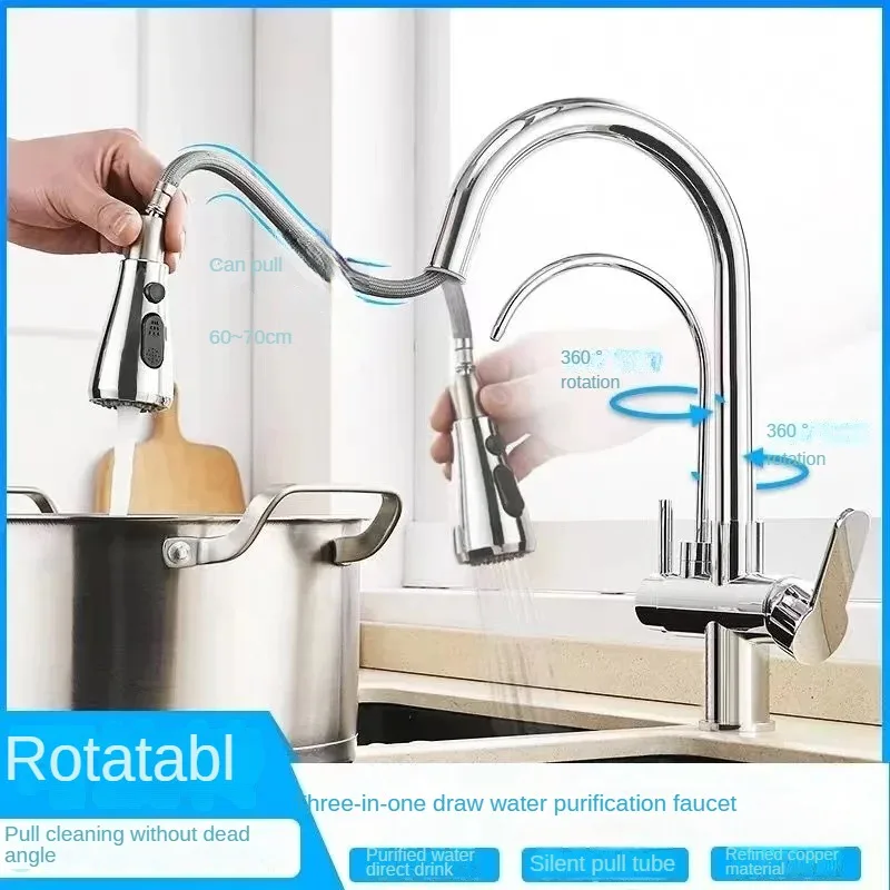 Matte Black Kitchen Faucet Pull-Out Sprayer 360 ° Rotation 3-Way Water Filter Mixer for Kitchen Sink