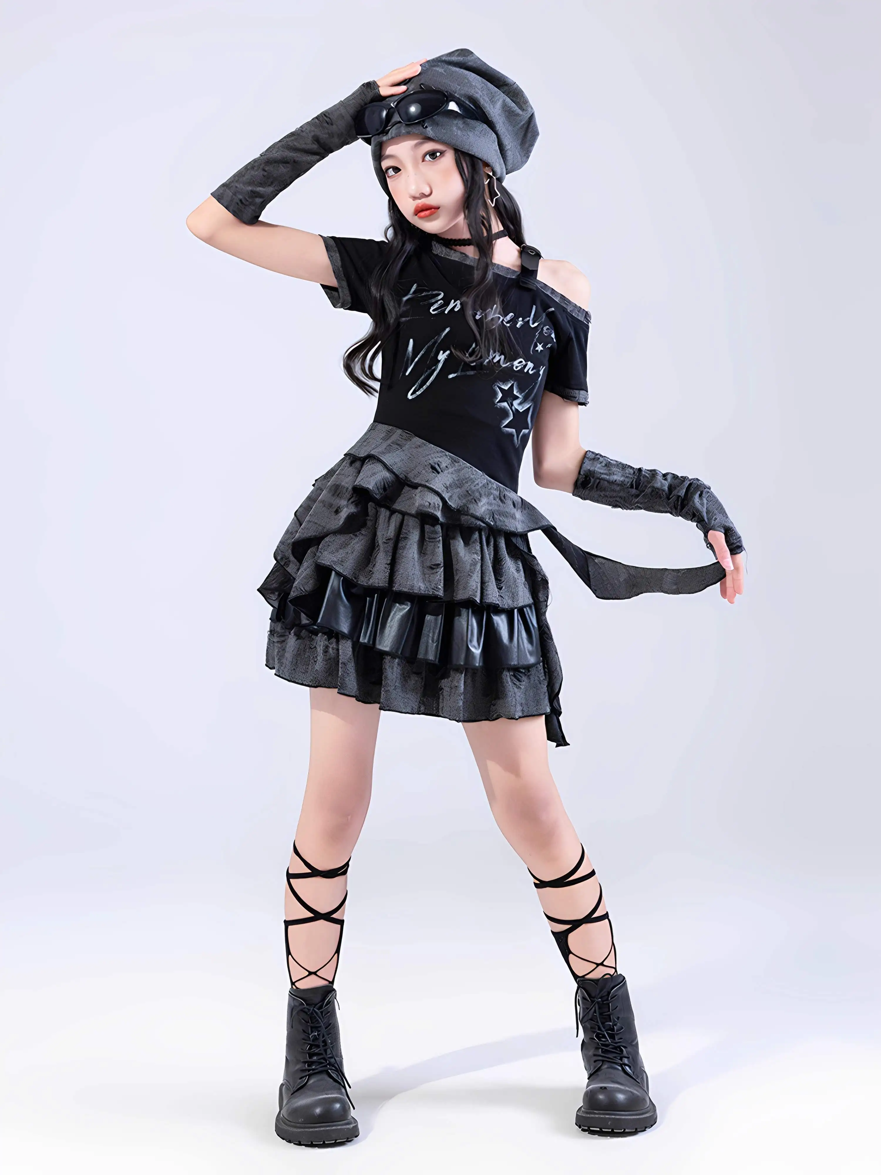 Vêtements de danse Jazz Vintage pour filles, haut nombril noir, jupe gothique, pantalon, Costume de danse Hip Hop, Costume de spectacle de pom-pom girl BL16526