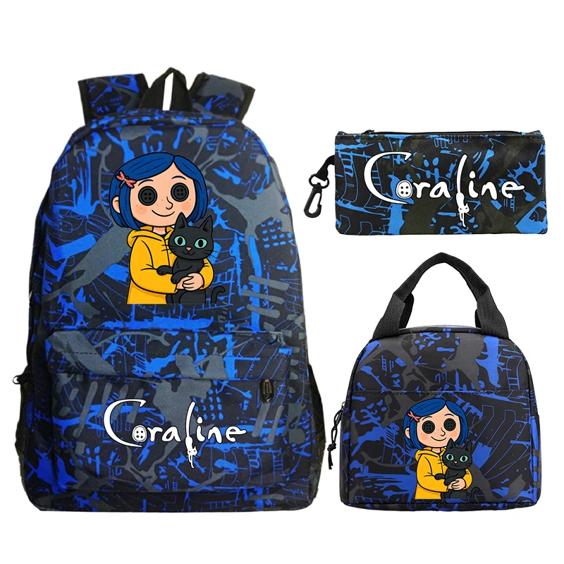 

3Pcs Set Children Backpack Movie Coraline Print School Bags Lunch Bag Pencil Bag Boys Girl Lightweight Schoolbag Travel Backpack