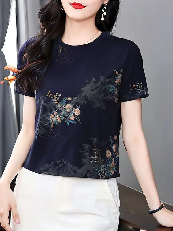 

Short Sleeve round Neck Printed T-Shirt Women's Loose Fit Summer Casual Wear Polyester Fiber Warmth Comfortable Ladies Top