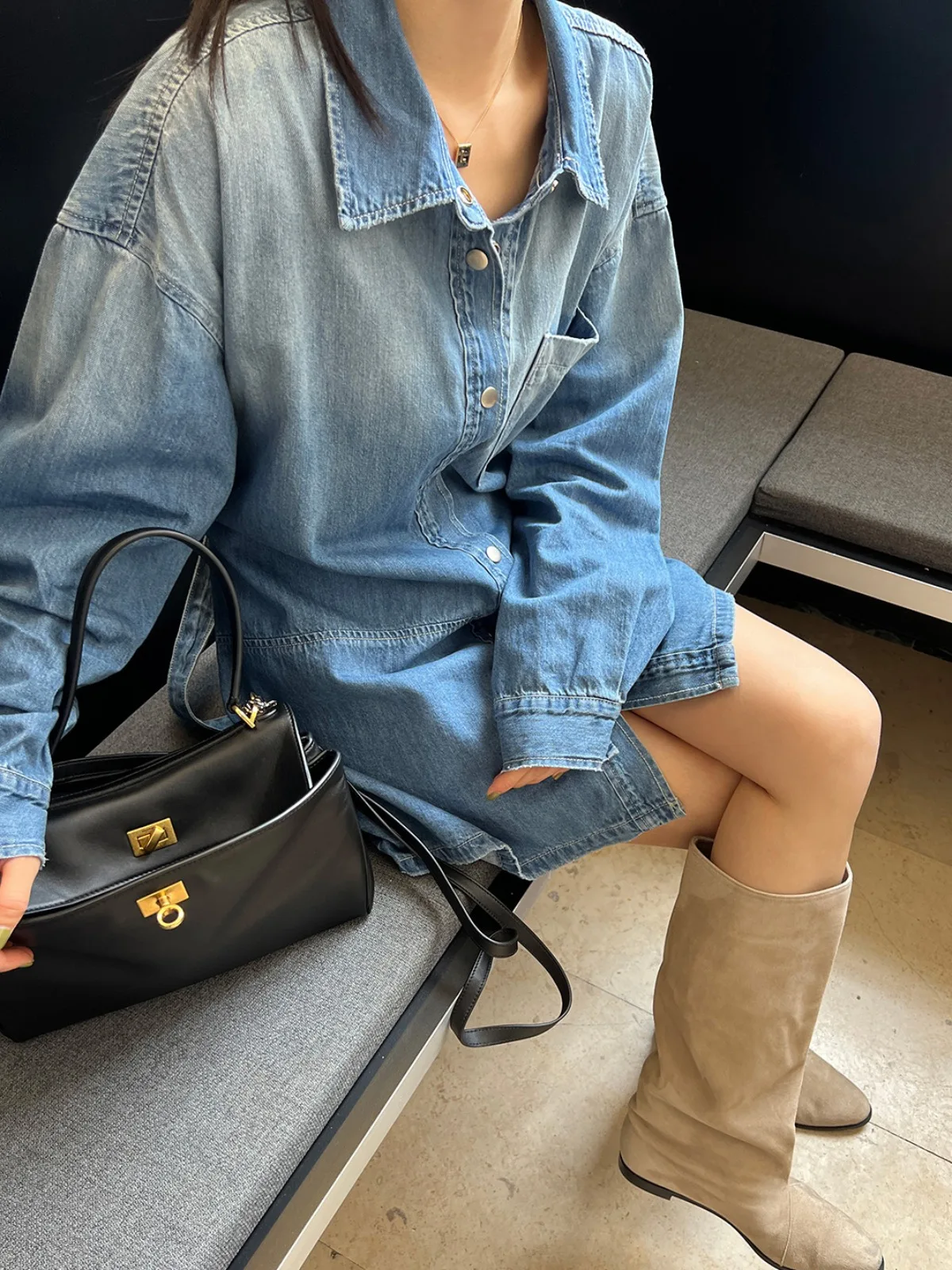 

Корейская универсальная джинсовая юбка с поясом Dr, женская осень 2023, новинка осени с воротником в стиле ретро, юбка на одной пуговице, модная юбка для поездок на работу