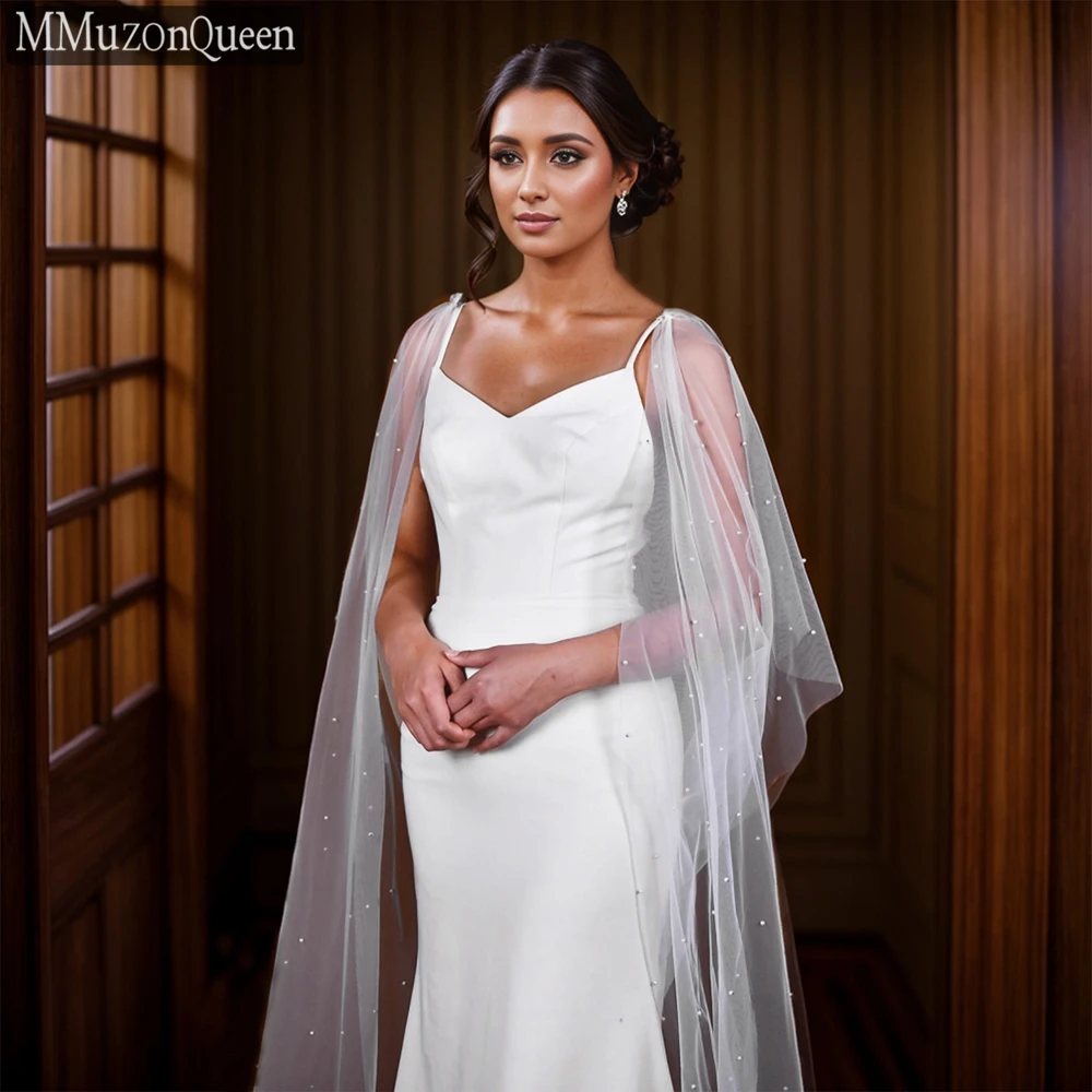 MMQ MG38 Long Pearls Bridal Shawl Cathedral Wedding Beaded Cloak Tulle Bride Dress Cape Woman Wedding Accessory DIY Customizable