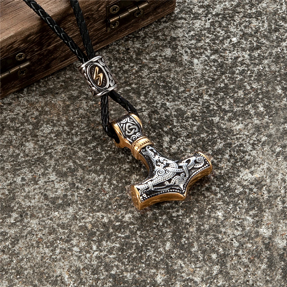 Gold Plated Norse Runes Beads Thor's Hammer Necklaces Men's Stainless Steel Mjolnir Pendant Vikings Anchor Amulet Male Jewelry view 6