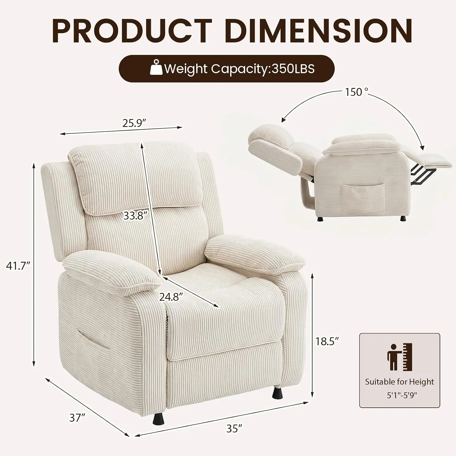 Electric Recliner Chair, Oversized Power Recliner with USB Charging Port & Side Pockets, Heavy Duty Corduroy, Customized