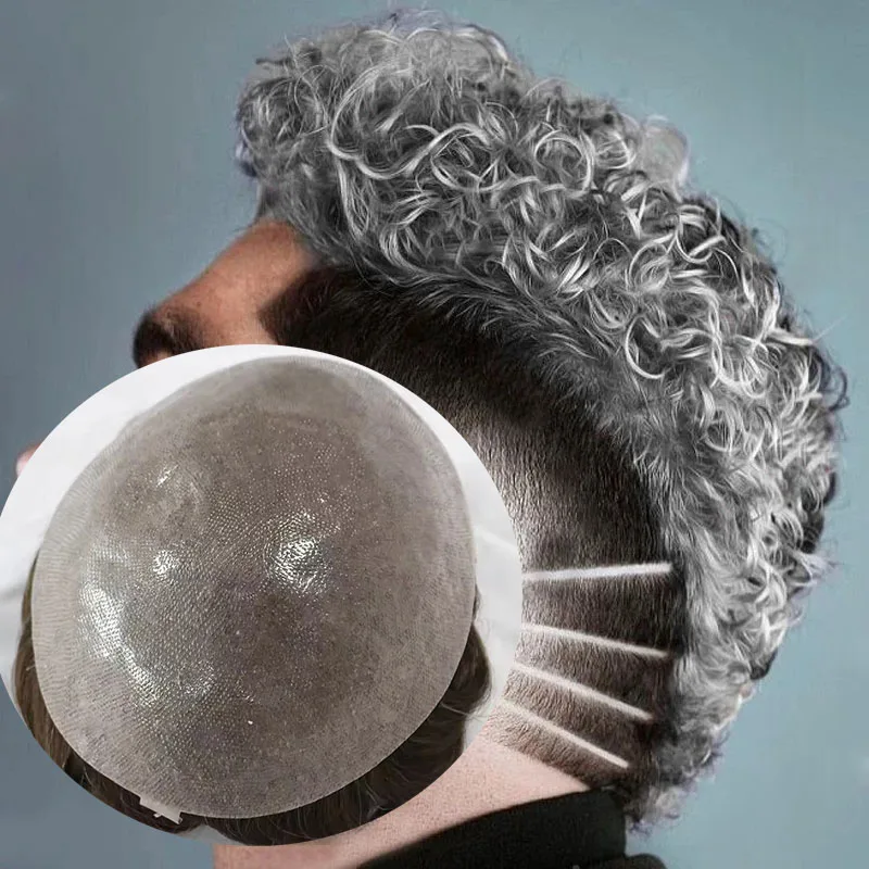 

20mm Curly 0.06mm Durable Full Thin Skin Pu Natural Human Hair Grey Brown Men Toupee 1B80 550# Hair V Looped Replacement System
