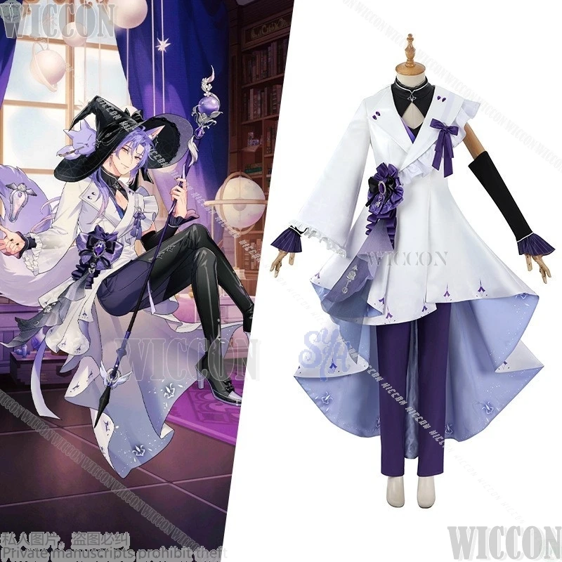 Anime Game Nu: Carnaval Cosplay Kuya Kostuum Sexy Goochelaar Uniform Wit Magisch Gewaad Grote Hoed Broek Lange Pruiken Halloween Party Cos