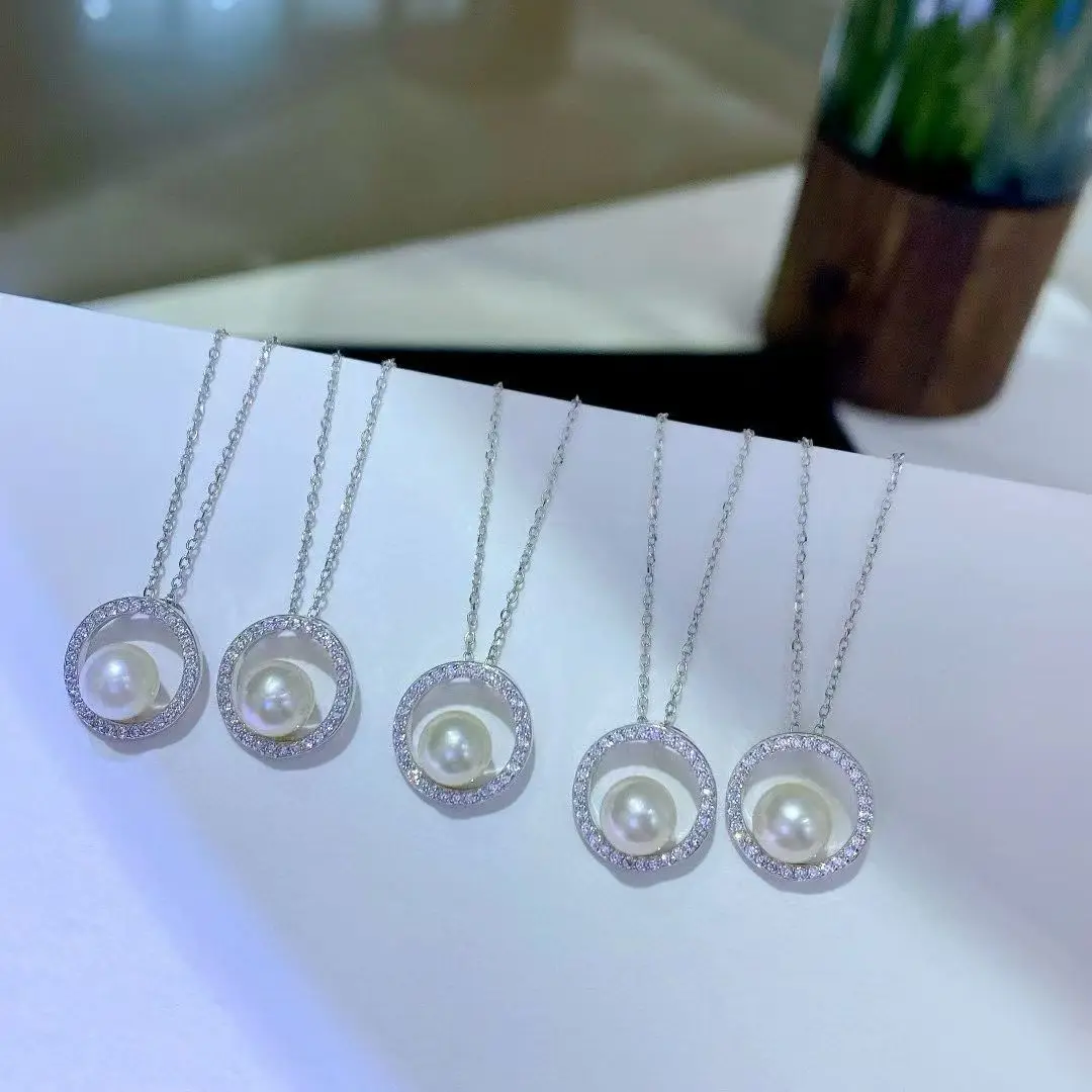 JSS Colgante de Perla Akoya China Redonda de 6-7mm en Plata de Ley 925, Joyería Hipoalergénica de Alta Calidad con Cadena Premium Aurora