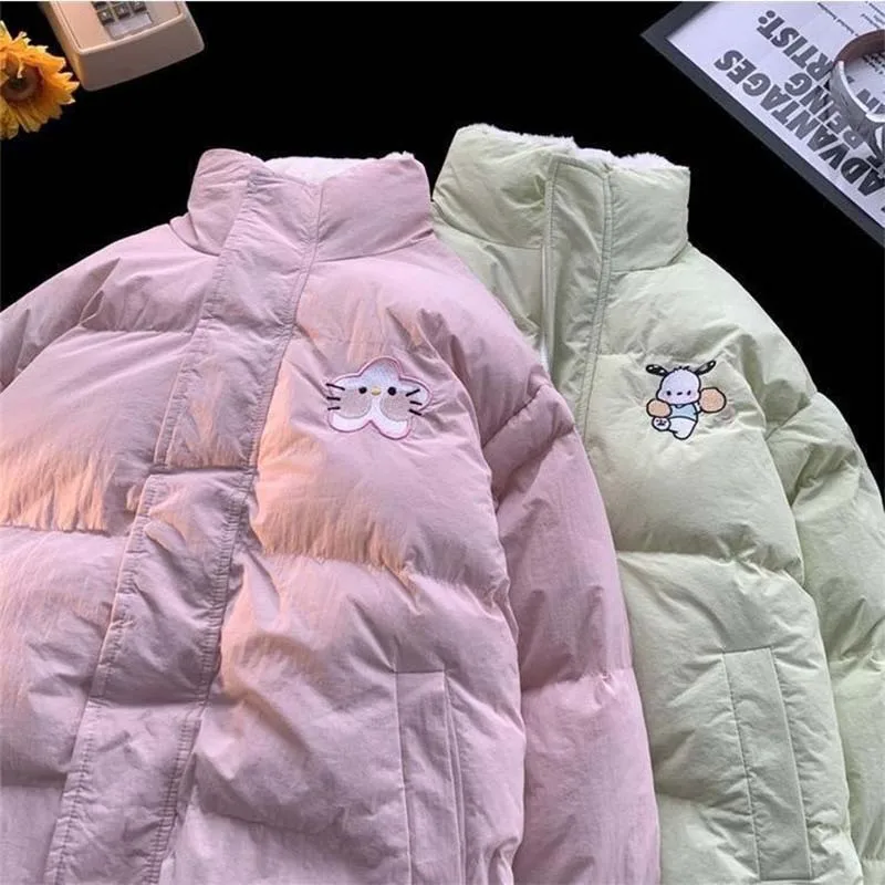 Reversible Quilted Jacket Cinnamoroll Pochacco Kawaii Anime Printed Cotton-Padded Jacket Women\'s Winter Warm Coat Christmas Gift