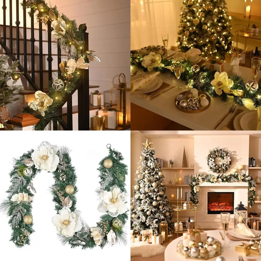 

9-Foot Pre-Lit Christmas Garland with White & Gold Balls and Magnolia for Mantel, Indoor/Outdoor Holiday Decor