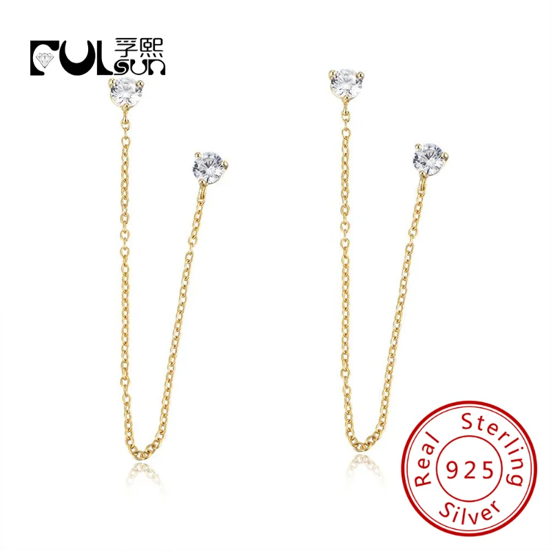 

Fulsun American Style Set Long Chain Earrings Two Small Zircon Stone Women's 925 Sterling Silver European 14K gold plated