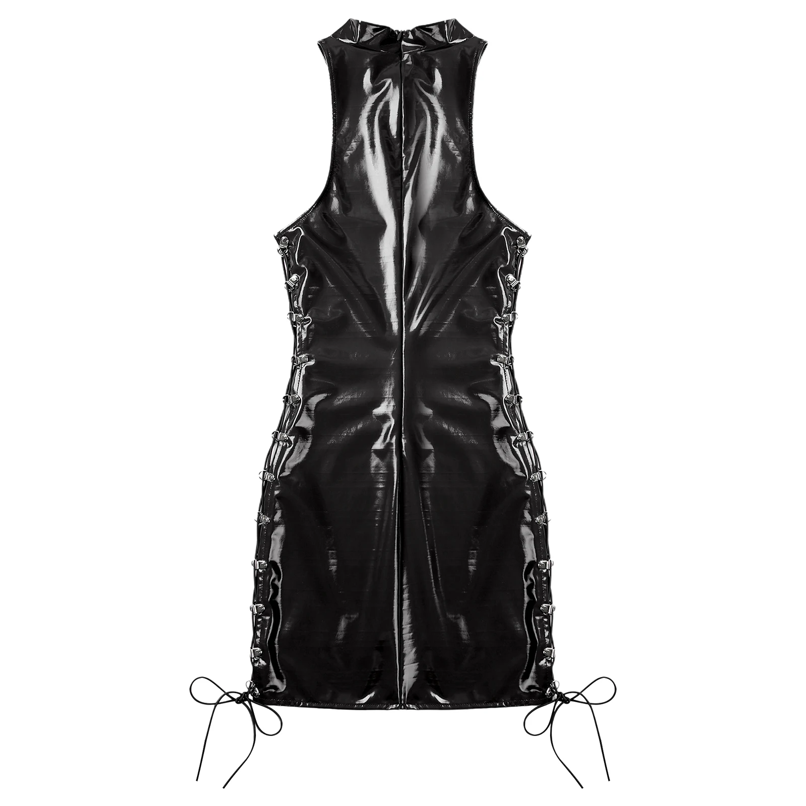 Womens Patent Leather Bodycon Mini Dress Glossy Mock Neck Sleeveless Side Lace-up Sexy Clubwear Party Tank Pole Dancing Costume