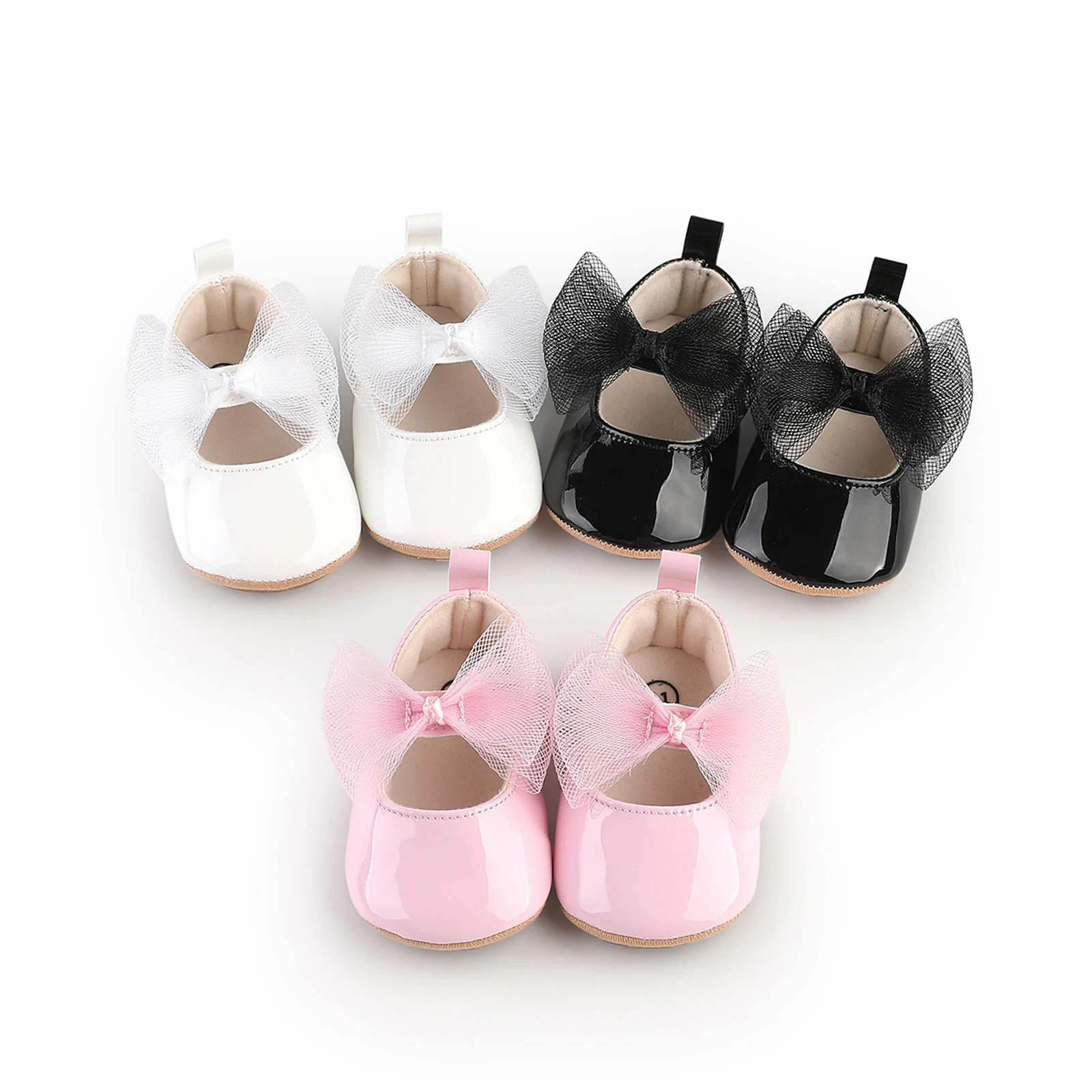 

0-18 Months Baby Girls Mary Jane Flats Mesh Bow Infant Wedding Shoes Non-Skid Newborn Crib Shoes