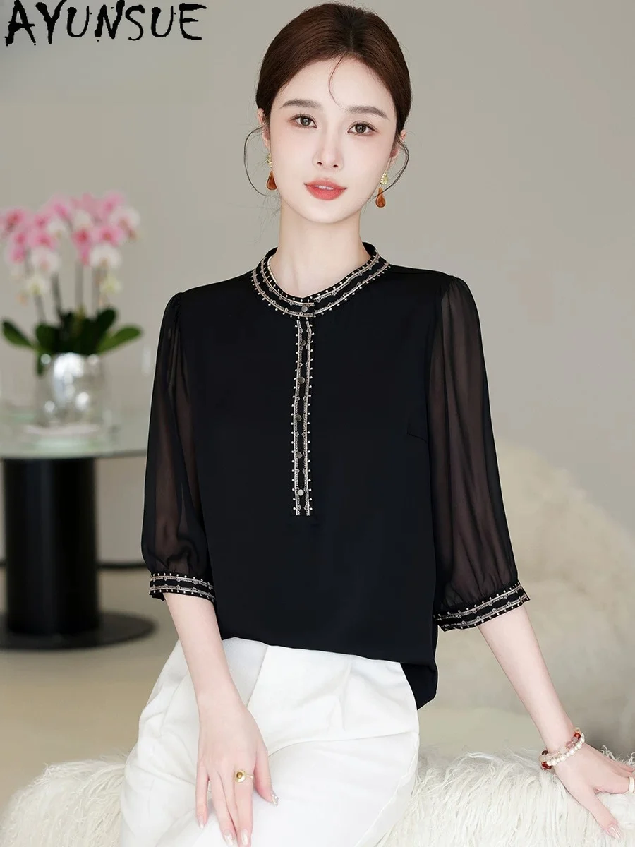 AYUNSUE 91% Real Mulberry Silk Women T Shirts Half Sleeved T-shirts for Women Summer Casual Women Clothing 2026 New Ropa Mujer