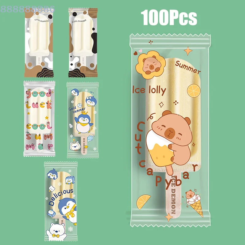 [B]100Pcs Cute Cartoon Food Grade Ice Cream Bags Disposable Plastic Popsicle Protective Cover Storage Packing Bag DIY