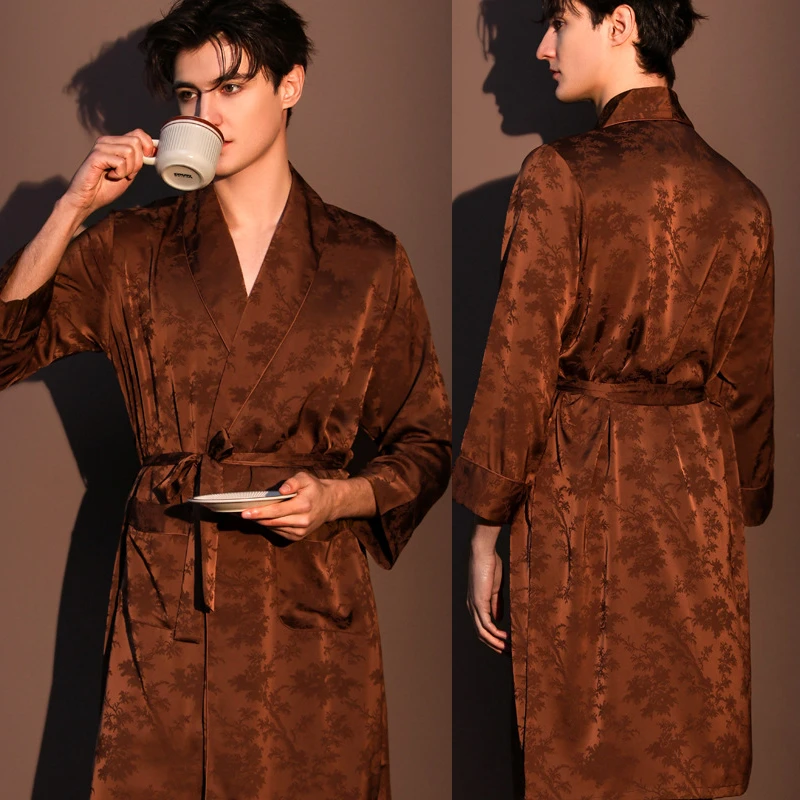 

Новый мужской халат из жаккарда на весну-лето, шелковистый атласный кимоно-халат, мужская домашняя одежда, свободная повседневная одежда для дома, нижнее белье