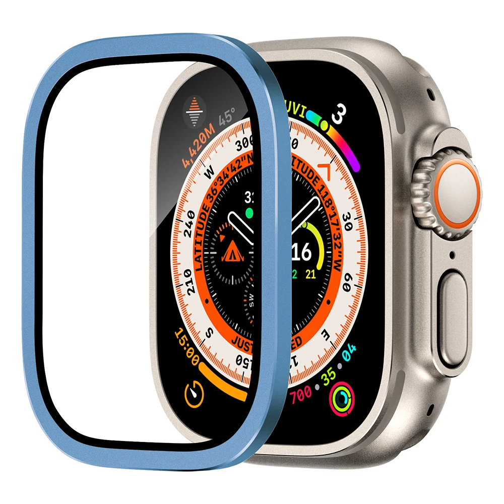 Gehärtetes Glas für Apple Watch Ultra 3 2 49 mm Displayschutzfolie, kratzfest, HD-Vollfolie, Metall-Stoßfänger, iWatch 49 mm Zubehör