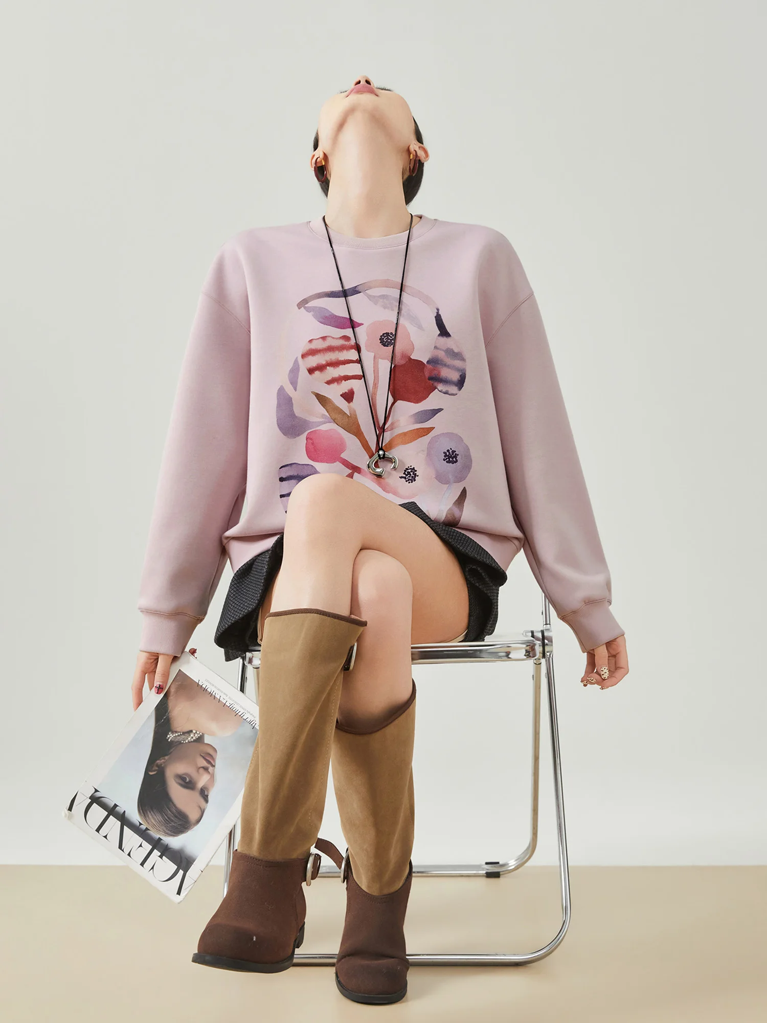 

Свободный женский пуловер-худи с круглым вырезом, шикарный повседневный топ с цветочным принтом, модный тренд весны 2026, из полиэстера, удобный