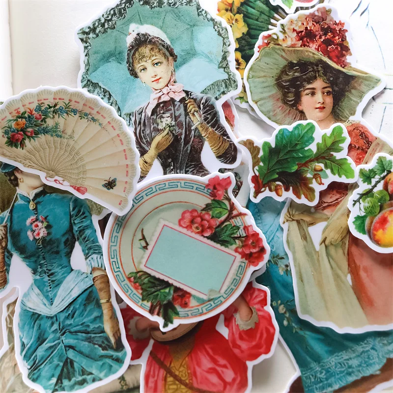 18pcs Creative Kawaii Self-made Retro Girl And Fan Stickers/ Beautiful Stickers /decorative Sticker /DIY Craft Photo Albums