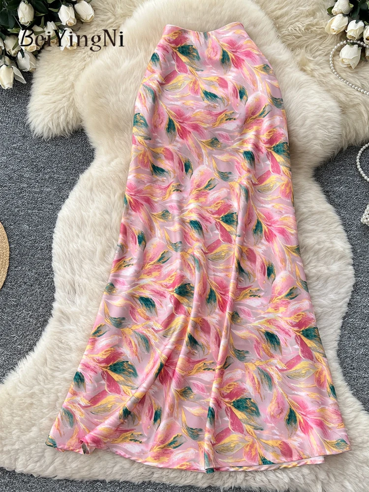 Beiyingni Floral Print High Waist Skirts Women Casual Vintage Slim Fit Trumpet Skirt Female Stylish Korean Elegant Long Faldas