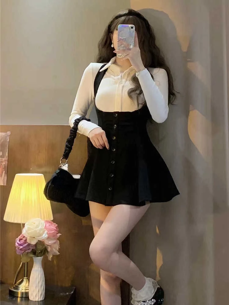 2023 Winter Preppy Style Sweet Suit Woman White Long Sleeve Blouse High Waist Slim Mini Dress Party Y2k Fashion Dress Korean