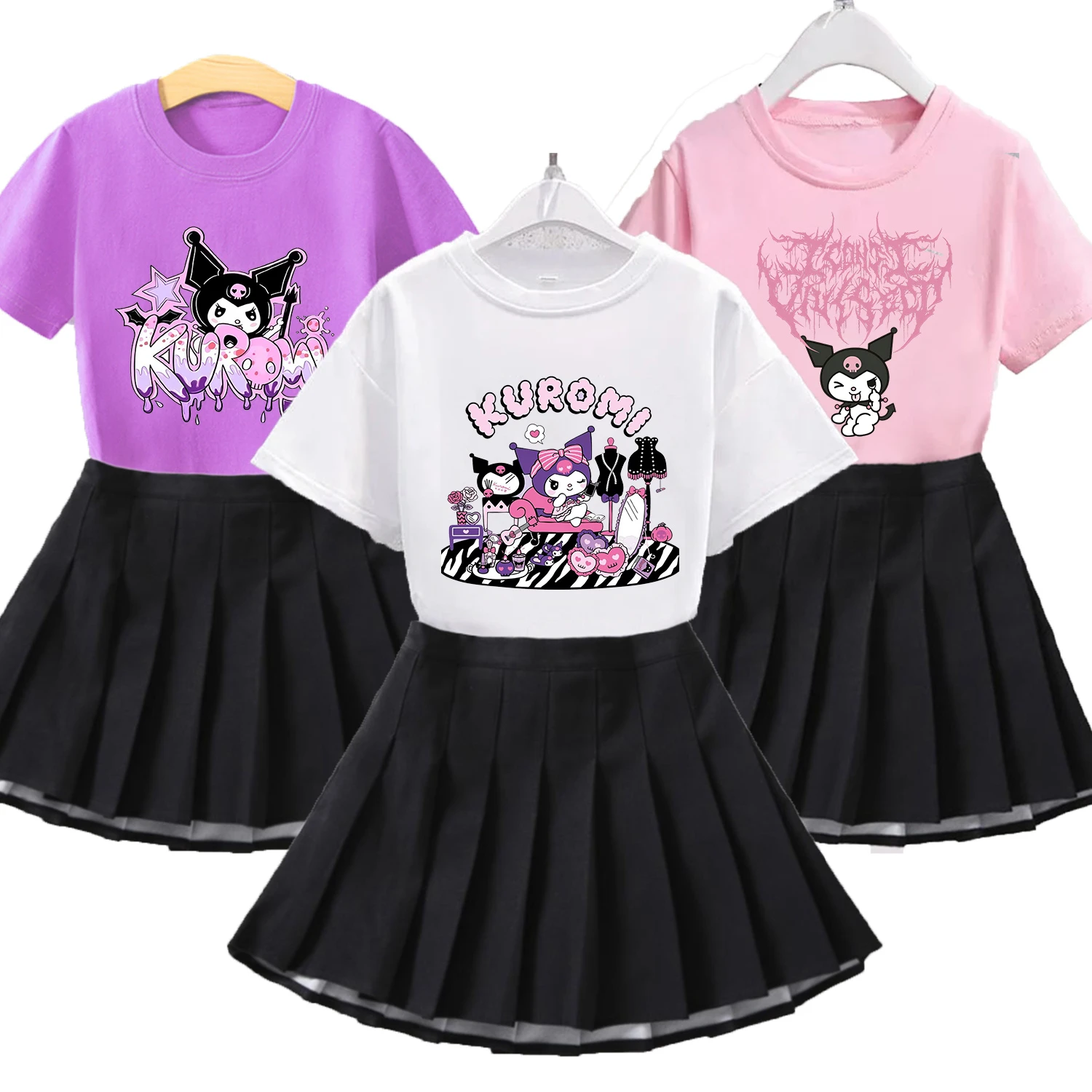 Kuromi T-shirt Pleated Skirt Set for Girls Cute Sanrio Cartoon Clothes Skirt 2pcs Suit Fashion School Spirit Clothing Kids Gift