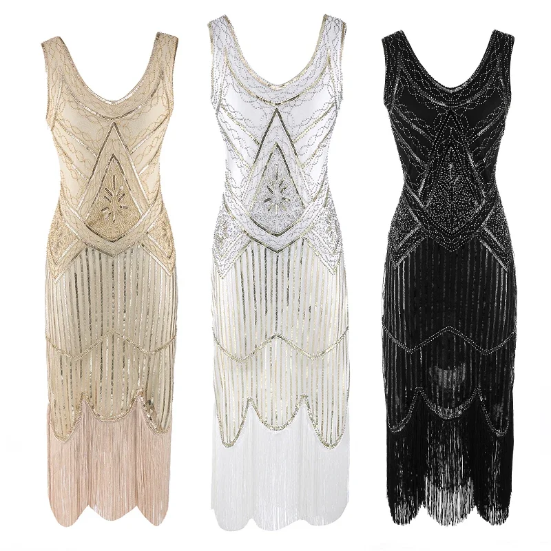 Women's 1920s Vintage Sequin Full Fringed Deco Inspired Flapper Dress Roaring 20s Great Gatsby Fall Cloths Dress Vestidos