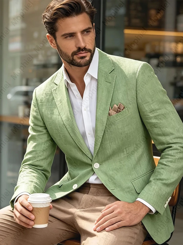 Linen Men's Suits Blend Blazer Notched Lapel Slim Fit 2 Buttons Casual Jacket Lightweight Breathable Tuxedo Summer Wedding Wear