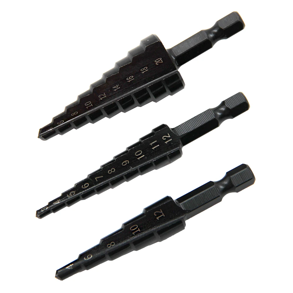 3pc Black Hexagonal Shank Straight Slot Ladder Drill Bit Reaming and Hole Opening Blackened Pagoda Drill Tool Set view 2