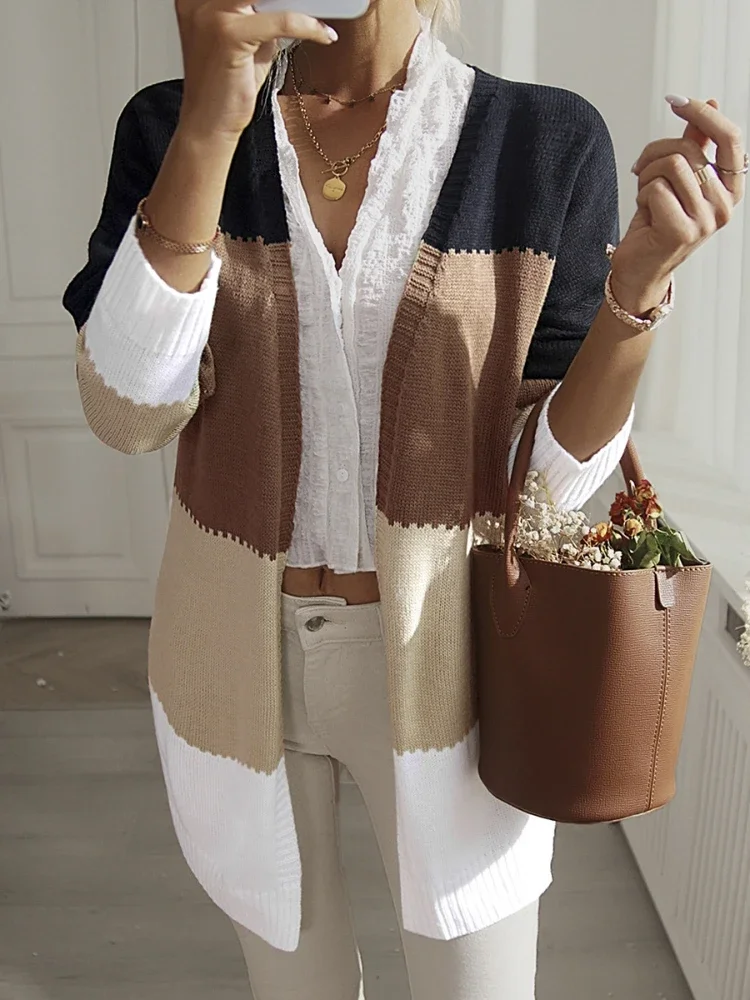 Knitted Splicing Casual Cardigan Autumn Long Coat Top Patchwork Cardigan Winter Women Sweater High Street Long Sleeve Sweater