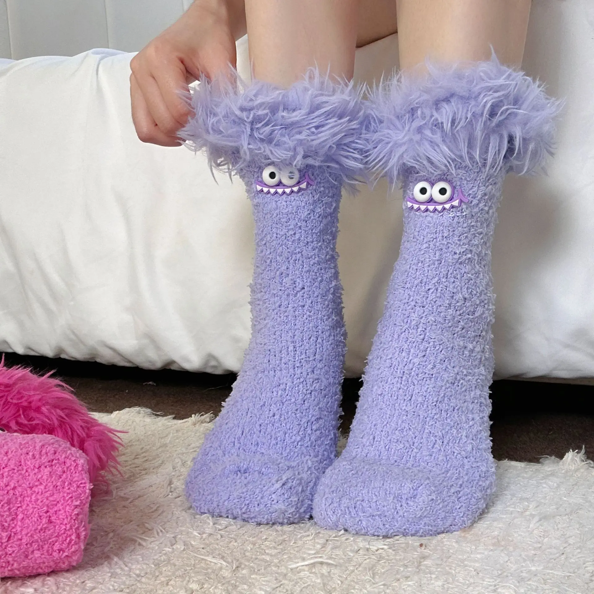 المرأة الجوارب الكرتون الدوبامين لفتاة اليابانية Kawaii سميكة الدافئة سميكة المرجان الصوف جوارب يمكن السير بها على الأرض لطيف مضحك منتصف جوارب أنبوبية