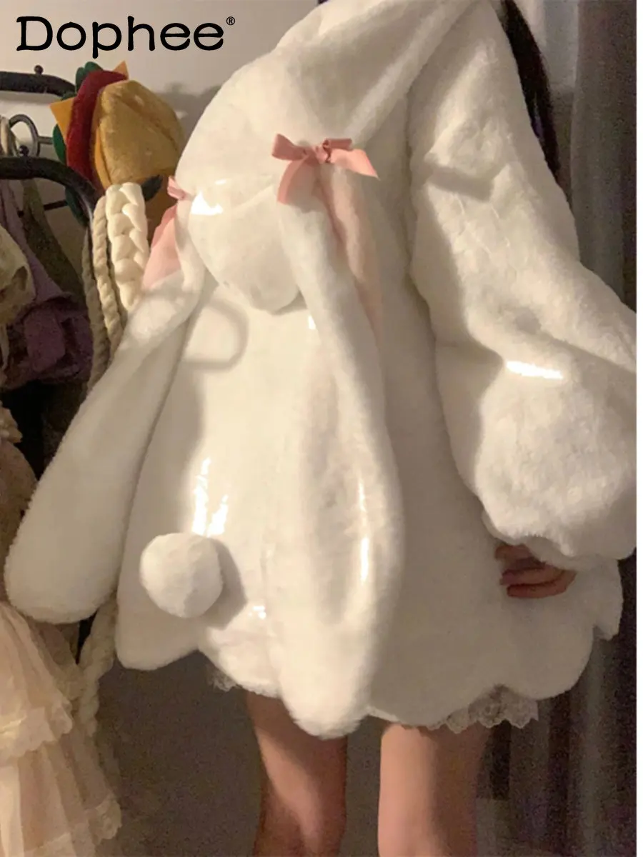 Abrigo peludo japonés con Orejas de conejo para mujer, chaqueta acolchada de algodón con forro polar de invierno, abrigos de piel con diseño de