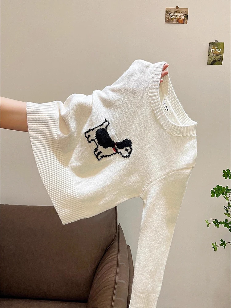 

Женские модные жаккардовые вязаные пуловеры с рисунком собаки, осень-зима, новые повседневные мягкие свободные свитера с круглым вырезом для поездок на работу