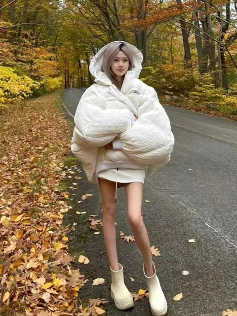 

Lazy Style Versatile Cotton Coat Winter Thick Warm Hooded Suit Peach Blossom Paradise Bat Shirt Solid Color Street Trendsetters