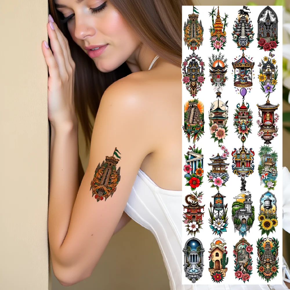 

28 шт. временные татуировки цветочные татуировки водостойкие долговечные наклейки для тела архитектурные татуировки временные татуировки наклейки для