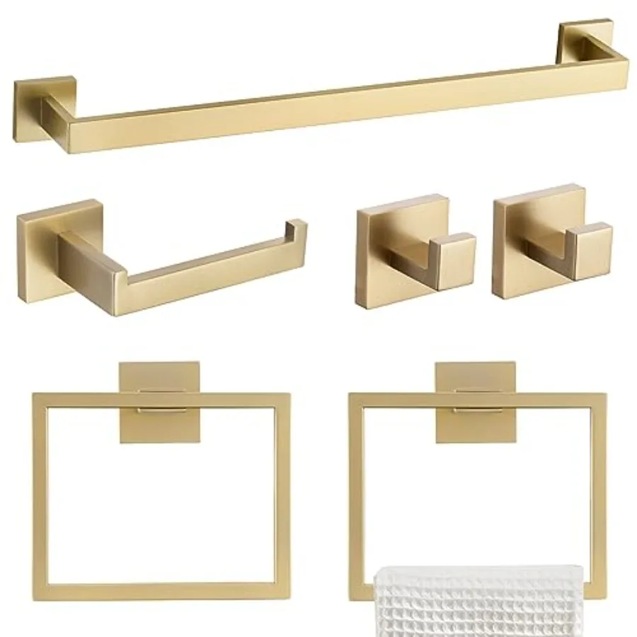 6-Piece Bathroom Towel Bar Sets Brushed Gold 23.6 inch Towel Bar Stainless Steel Towel Ring Coat Hook and Toilet Paper Holder B