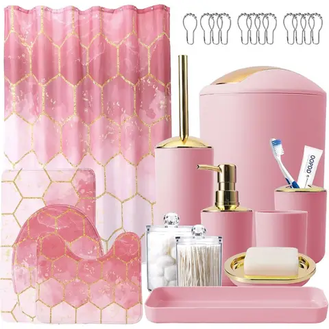 Pink Bathroom Set with Shower Curtain and Rugs 25Pcs Bathroom Accessory Set for Modern Home Decor Includes Trash Can Soap Dispe