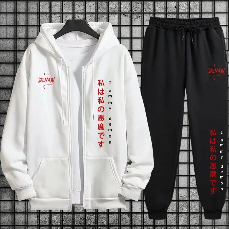 

Men Women Daily Casual Sports Outfit Demon Print Tracksuit Hoodie and Sweatpants Fall Winter Urban Fashion Zipper Outerwear Sets