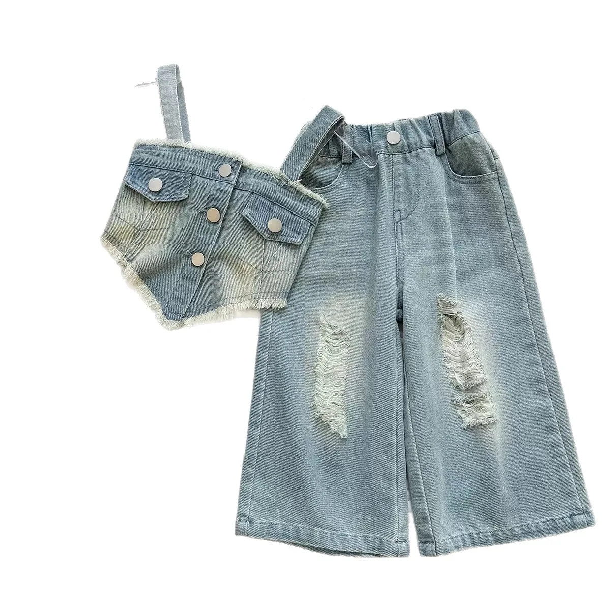Kids Girls Denim Suit 2026 Summer Trendy Sleeveless Denim Tank Top & Wide Leg Pants 2 Piece Set for