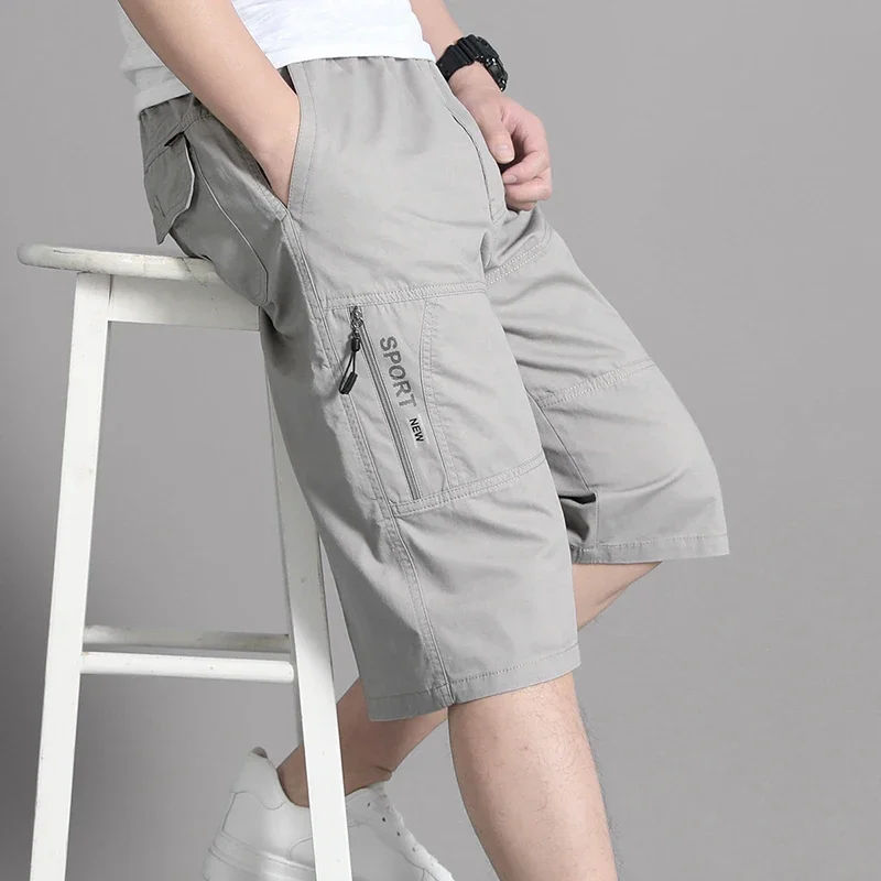 

Mens Cargo Shorts Knee Pants Zipper Pocket Summer Cotton Shorts Climbing Jogger Elastic Waist Sports Wear Summer Sports