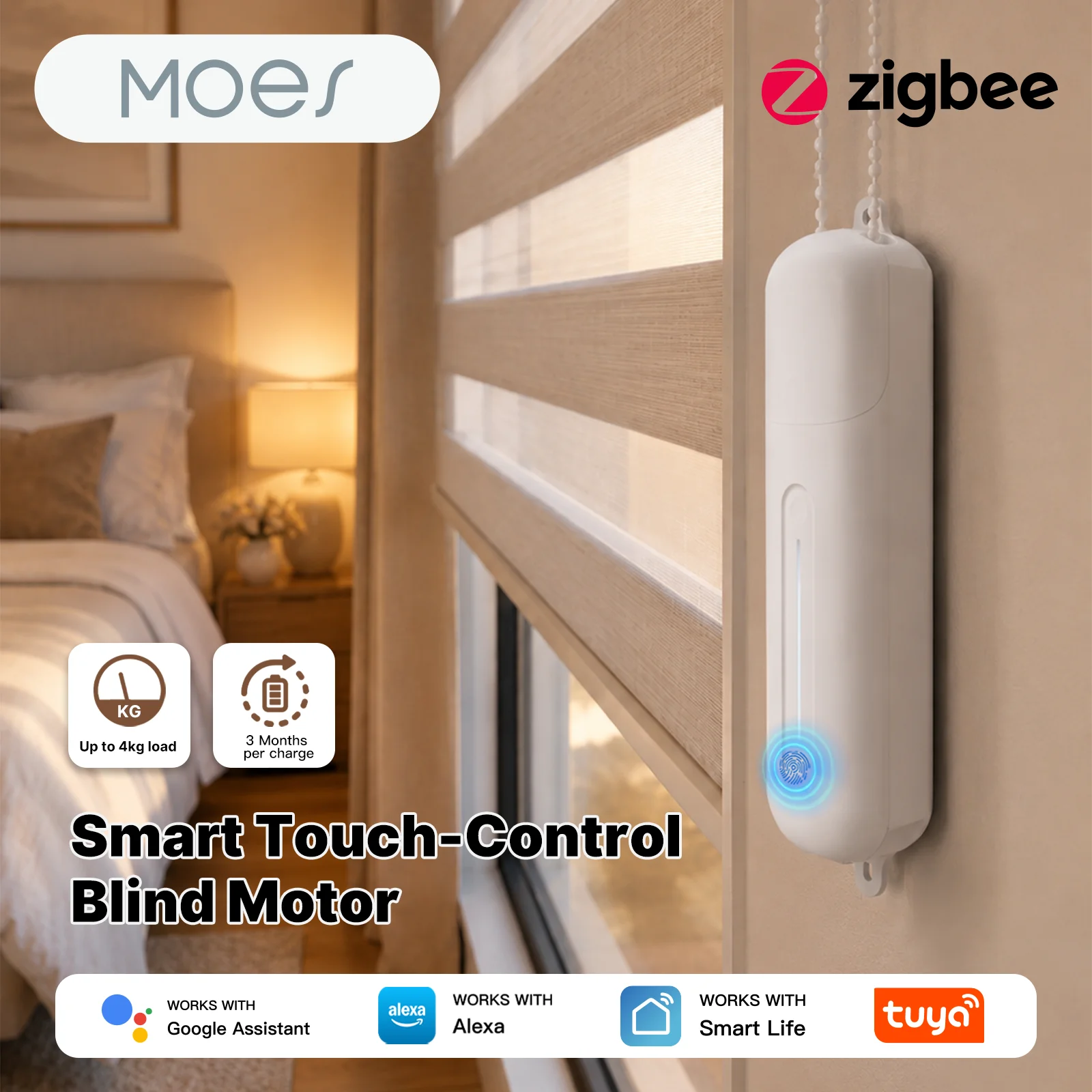 MOES Tuya Zigbee DIY Pull Chain Blind Motor Rechargeable Touch Control Roller Shade Motor 4KG Load Work with Alexa Google