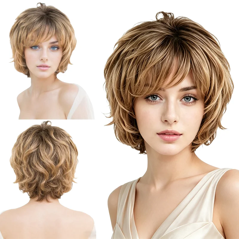 Women's Natural Wavy Short Wig Golden Brown Highlight Layered Bob Air Bangs Easy Care Heat Resistant Synthetic Wig Daily Party