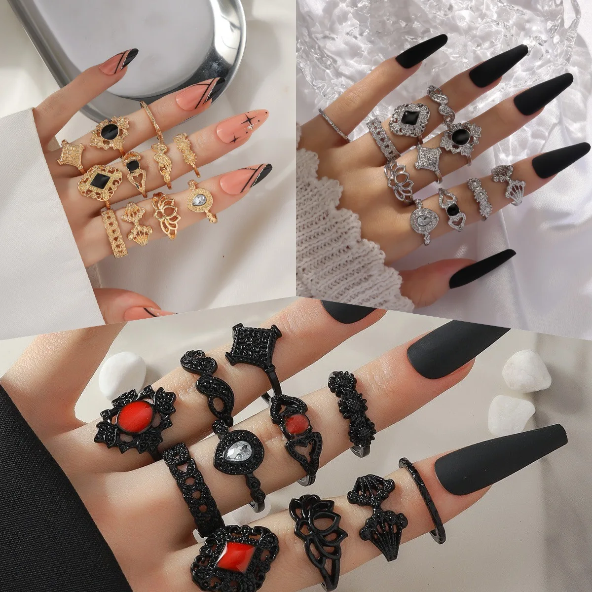 Retro diamond-set hollow engraved palace personalized fashion dark wind eleven-piece ring