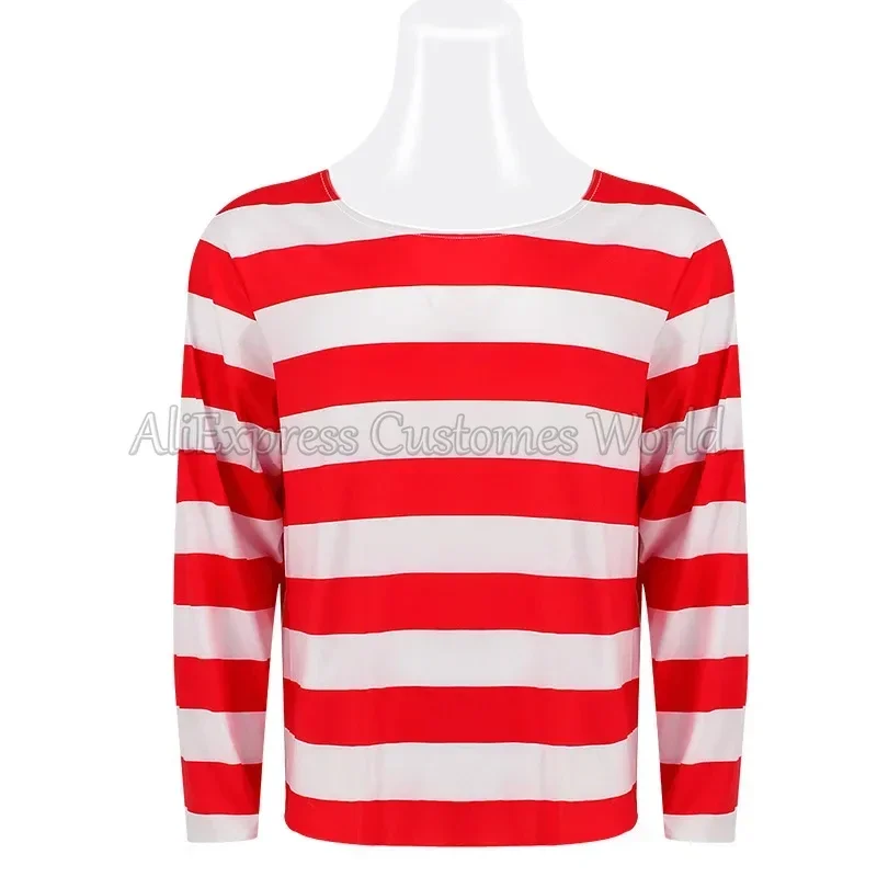 EE01 Unisex Wheres Waldo Cosplay Costume Wally Cos Red White Striped Shirt Shirt Glasses Hat For Adults Christmas HalloweenIo0！