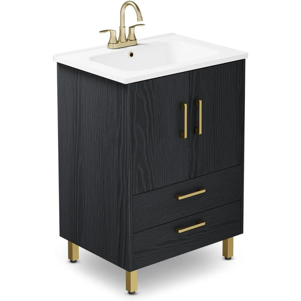 

Fully Pre-Assembled Black 24 inch Bathroom Vanity, 2 Soft Close Doors and 2 Drawers Bathroom Storage Cabinet Set