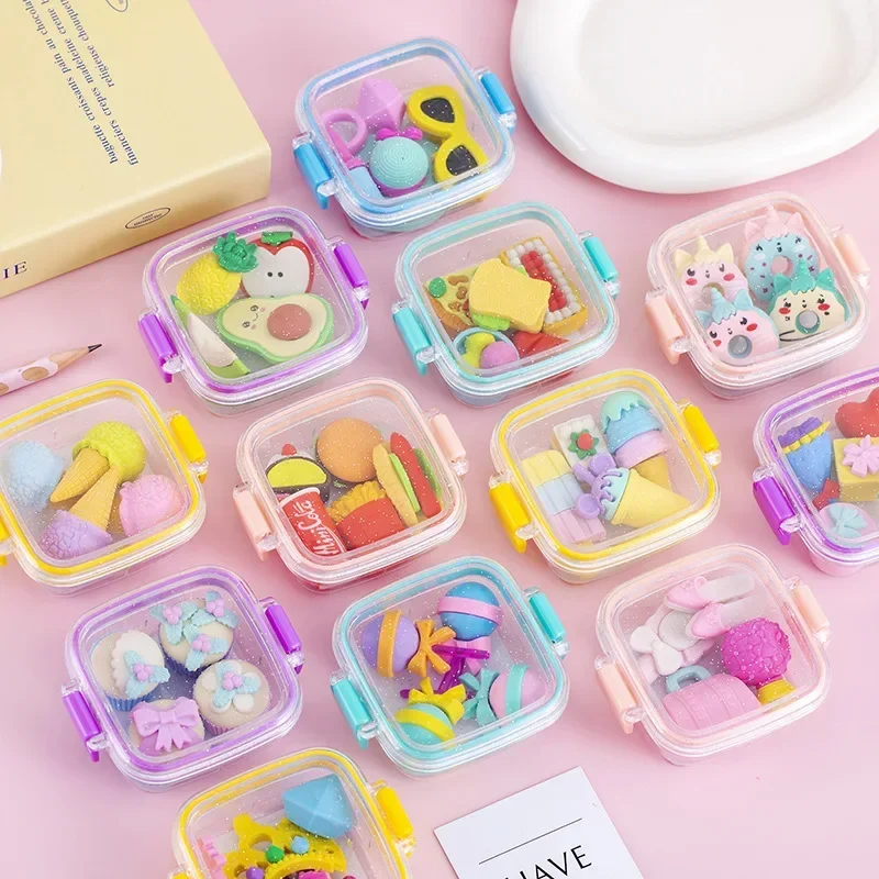 Random 1pc Lunch Box Eraser Set Lovely Eraser Soft Pencil Eraser School Students Stationery Supplies Exquisite Prize Gifts