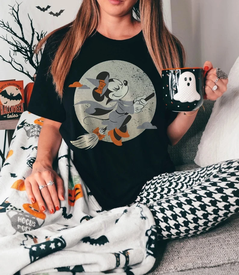 

Детская летняя футболка с Минни Маус для мальчиков и девочек на Хэллоуин, семейный костюм для родителей и детей, повседневный удобный ретро-костюм с короткими рукавами для мужчин и женщин